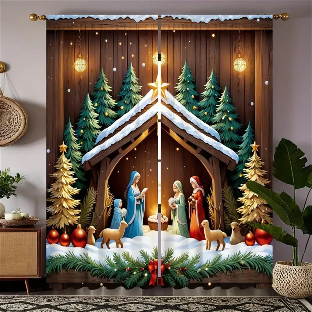 2Pcs Christmas present Luxurious Christmas Decoration Curtains Festive Digital Print Holiday Decor Living room Bedroom Kitchen