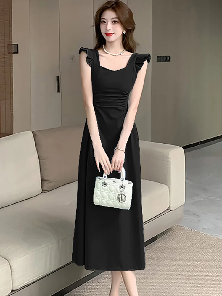 2025 azul chique babados manga voadora midi vestido de verão elegante plissado bodycon gola quadrada vestido feminino coreano vestidos de férias