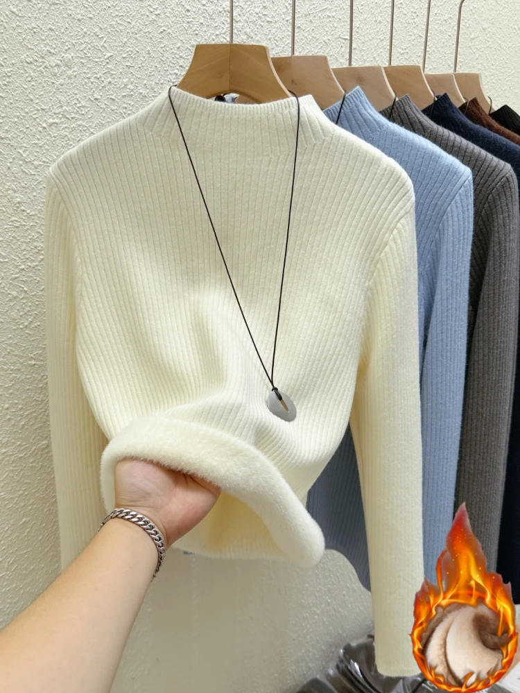 Women's Fleece Lined Thick Turtleneck Knitted Women Sweater Winter Warm Base Layer One Piece Velvet Slimming Tops Soft Pullovers