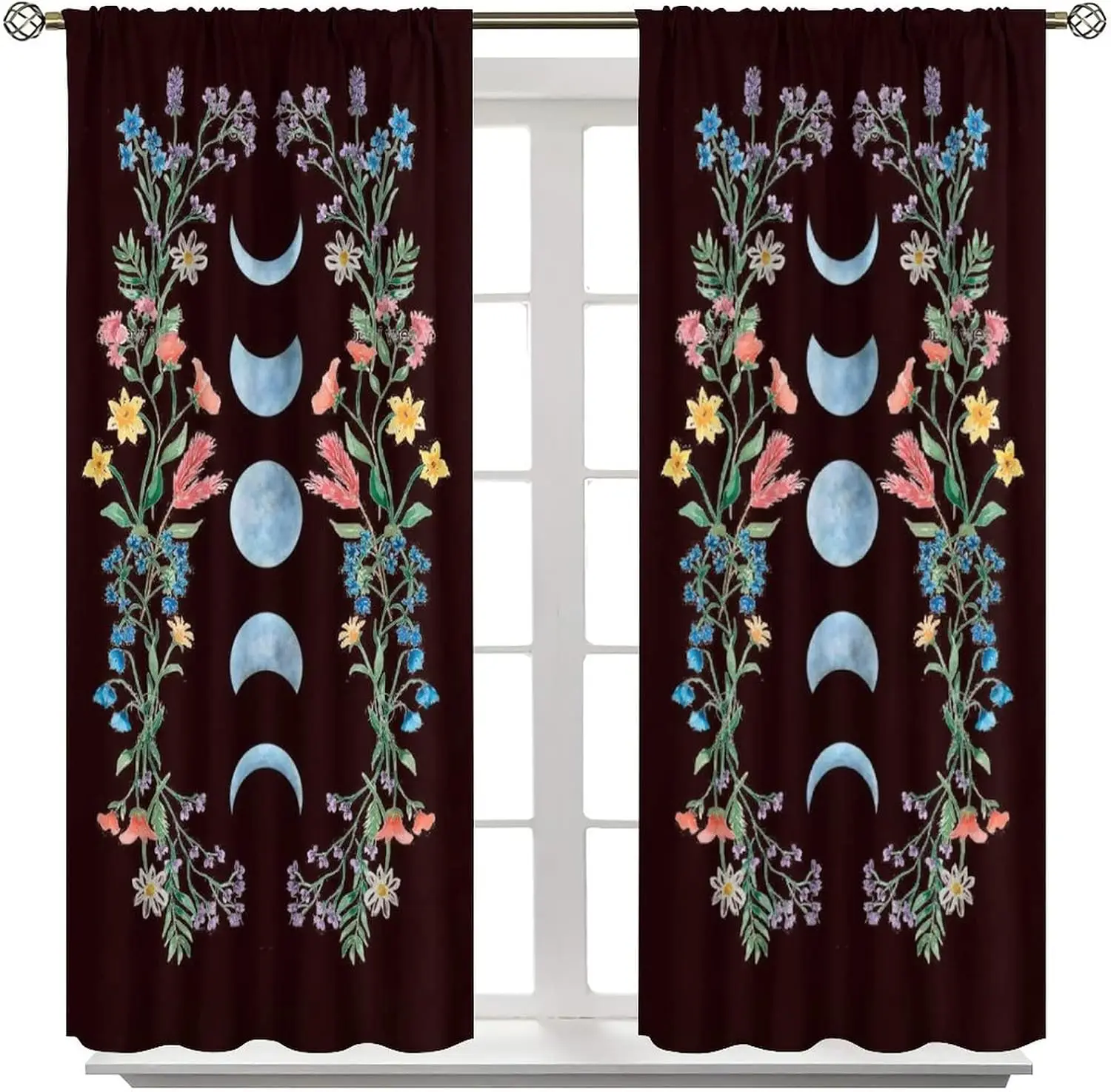 Vintage Witchy Moon Phase Blackout Curtain Symmetric Wild Bloom Print Drape For Studio Balcony Boho Dreamy Chic Window Decor