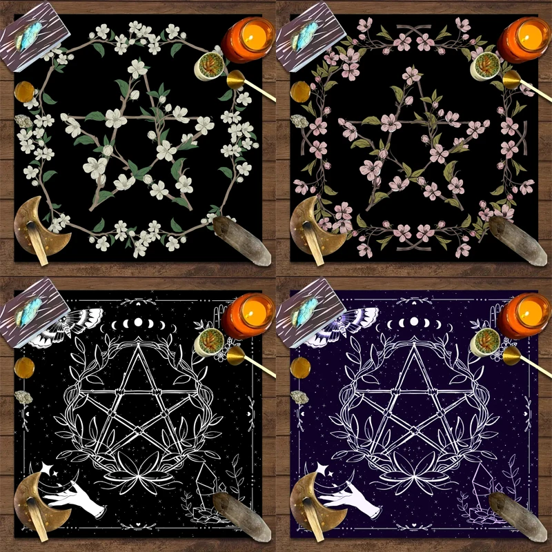 50/75cm 1pc Tarot Card Tablecloth Pentagram Flower Plant Card Witchcraft Altar Divination Board Game Decoration Mat