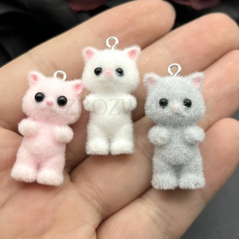 2pcs 35*17mm 3D Cute Fluffy Flocking Cat Animal Charms Miniature Dolls Keychain Necklace Pendant DIY Crafts Jewelry Make