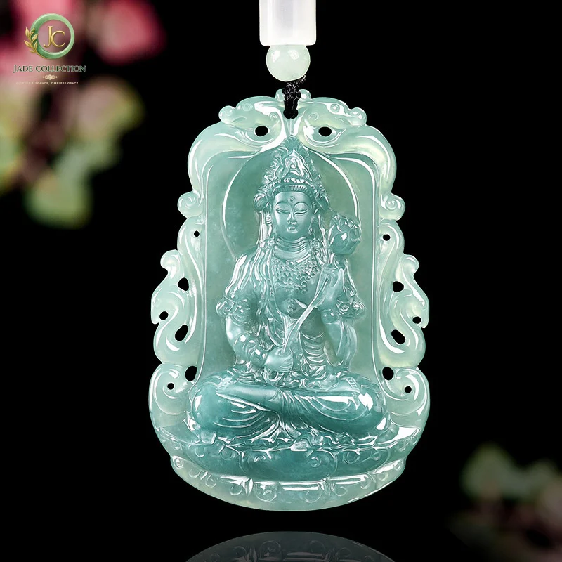 NaturalAHigh-quality jadeite blue water Mahasthamaprapta Guanyin ice jade pendant, men's jade pendant, women's pendant, jade jew