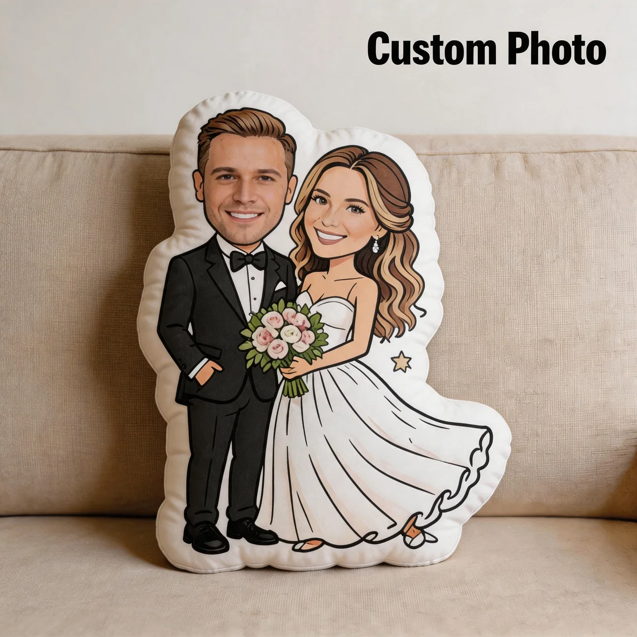 Personalized Couple Photo Shaped Pillow, Wedding Outfit Custom Picture Decorative Cushion with Double-Sided Printing, 60CM Large