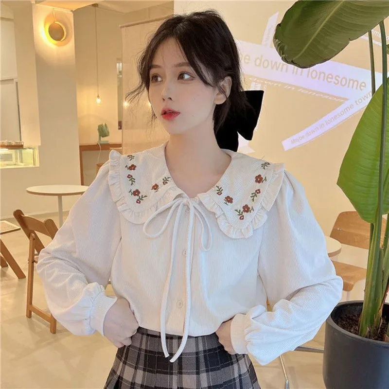 Japanese Style Sweet Embroidery Shirt Women Lace-up Peter Pan Collar Shirts Woman Vintage All-match School Student Blouses Girls