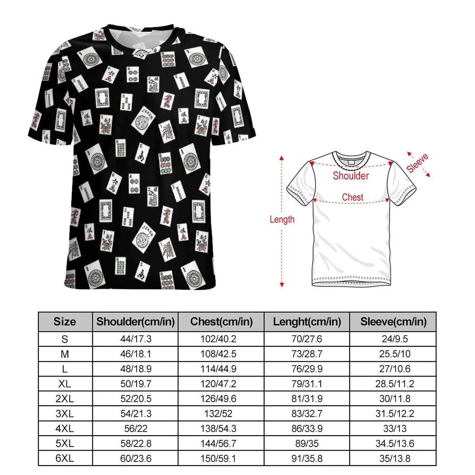 Black Base Mahjong Tile Print T Shirt For Men Graphic O Neck T Shirts Summer Retro Tops Short-Sleeved Funny Oversized Tees Gift