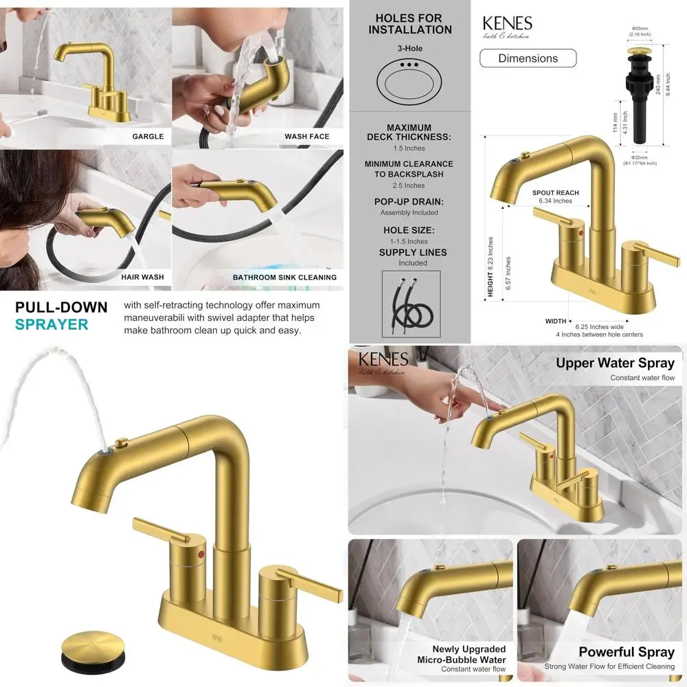 

4 Two-Handle Centerset Bathroom Faucet with Pull-Out Sprayer, Brushed Gold Finish, 3-Hole Vanity Fixture, Pop-Up Drain & Lines I