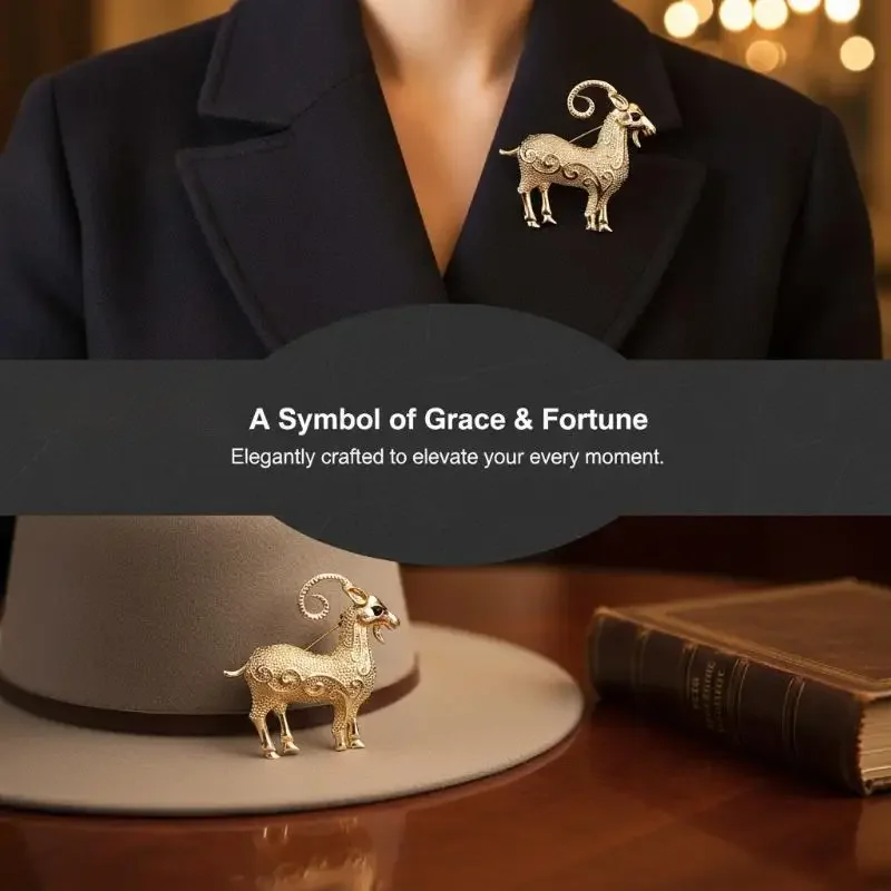 Golden Goat Brooch Shiny Gold Plated Detailed Carved Design Trendy Animal Accessory for Daily Party Dinner Wear