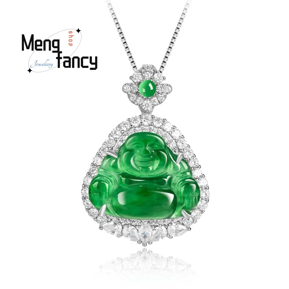 

Natural A-goods Jadeite Yang Green Maitreya Buddha S925 Silver Inlaid Ice Jade Pendant High-grade Exquisite Fashion Fine Jewelry