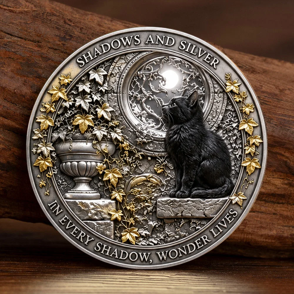 Vintage Black Cat Moon Garden Challenge Coin Gothic Witchy Silver Plated Commemorative Coin Lucky Gift