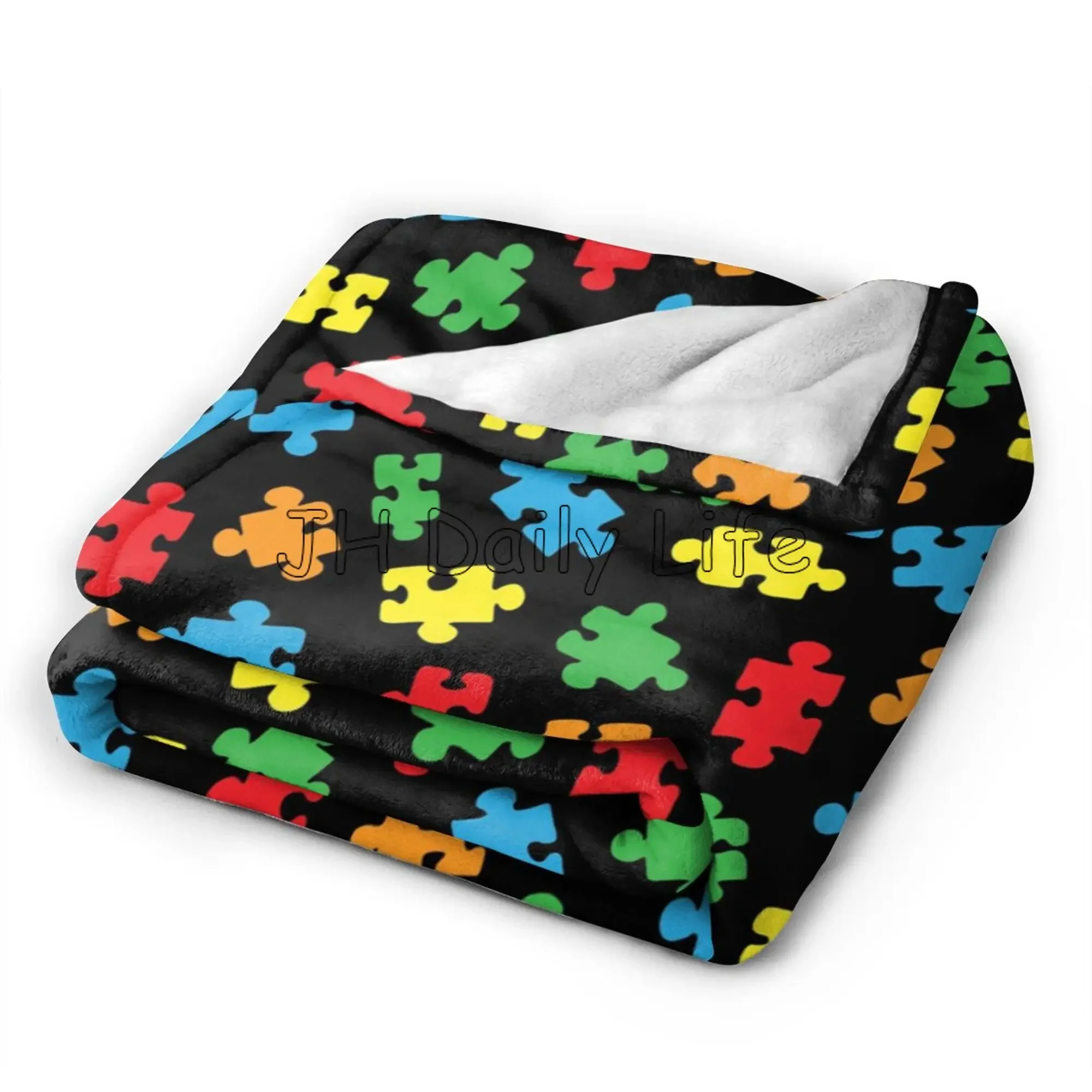 Comfortable Flannel Fleece Blanket Soft Warm Colorful Autism Awareness Puzzle Pieces Blankets Lightweight Cozy Fuzzy Throws