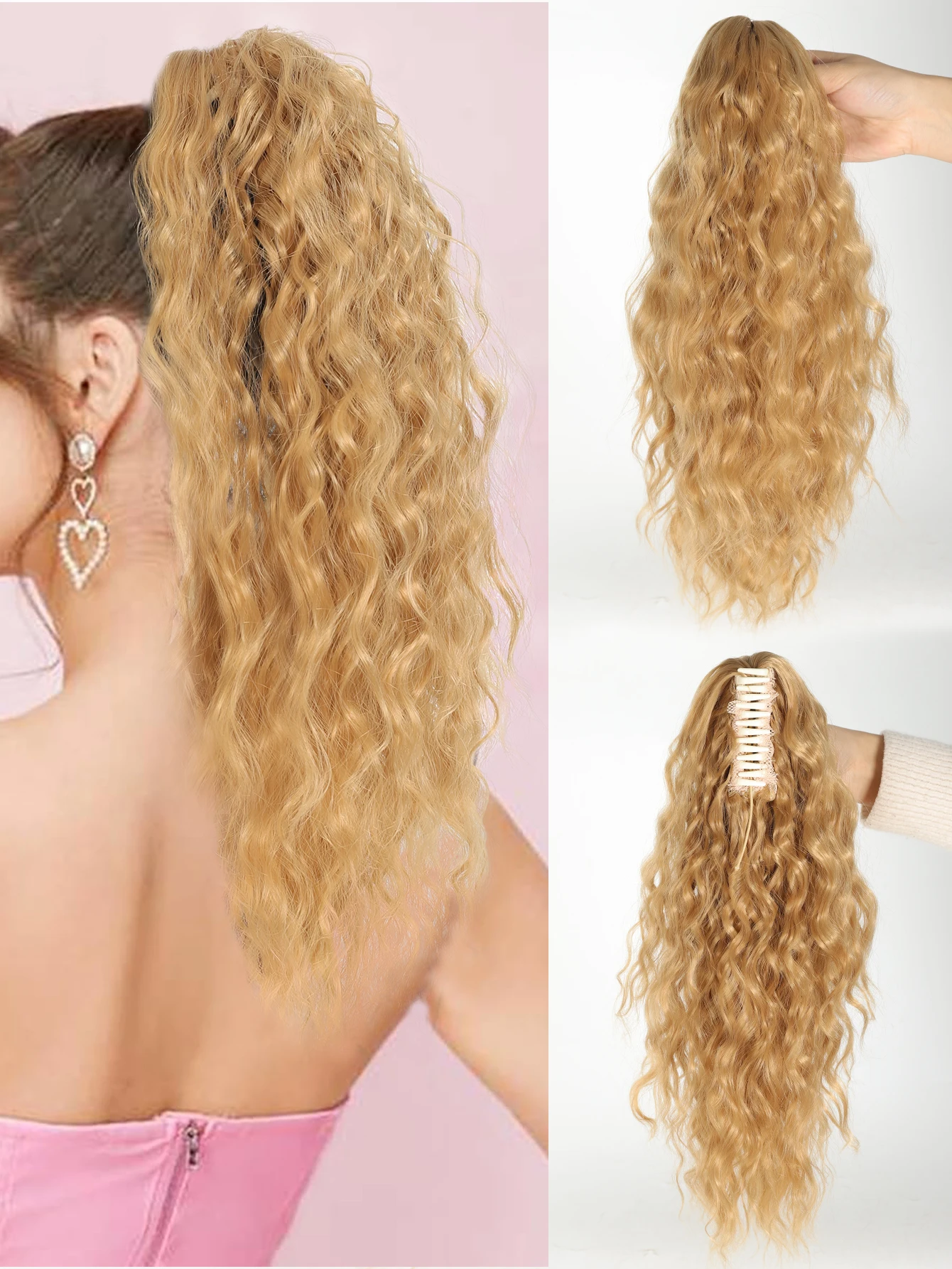 Synthetic Ponytail Extension 18Inch Grab and clip Ponytail Curly Wavy Ponytail Natural Wavy Hairpiece for Women Daily Use party