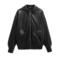Women Autumn and Winter New Arrivals Women's Clothing Artificial Leather Loose Long Sleeve Lapel Jacket Leather Coat 3046376