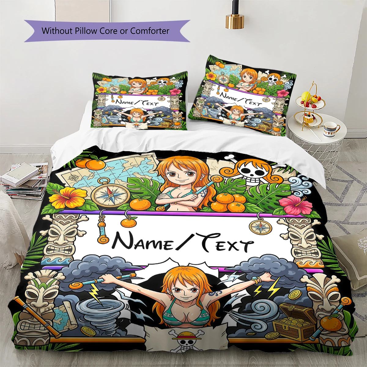 Funda nórdica suave de One Piece con nombre personalizado, tamaños cómodos disponibles (1 edredón + 2 fundas de almohada sin relleno), varios tamaños -HE96