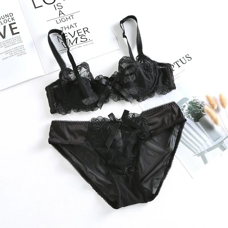 high quality sexy women bras and brief set push up thin lace A B C D cup comfortable wire summer lingerie underwear black pink