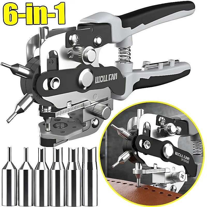 

6-in-1 Alloy Steel Manual Puncher Adjustable Effortless Punching Tool for Leather Plastic Cardboard Shoes Home Sewing Supplies
