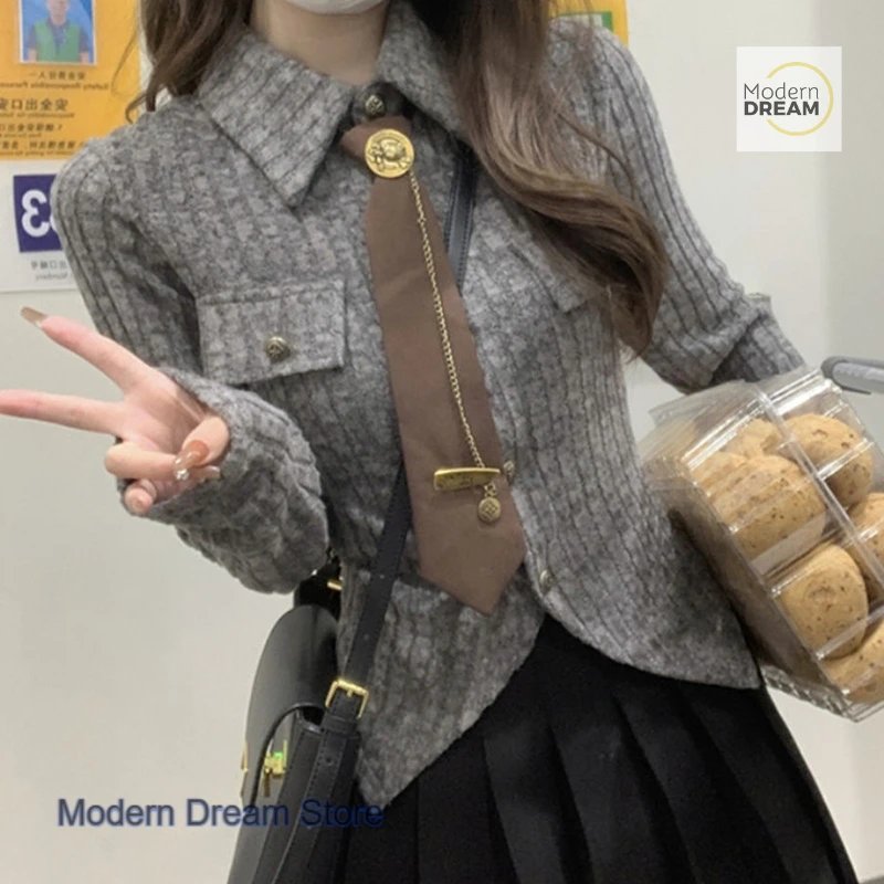 تصميم كوري غير منتظم بأكمام طويلة قميص نحيل طية صدر السترة الإناث الربيع والخريف ربطة عنق جامعية جديدة قميص نحيف عادية جوكر شيك الأعلى. #3