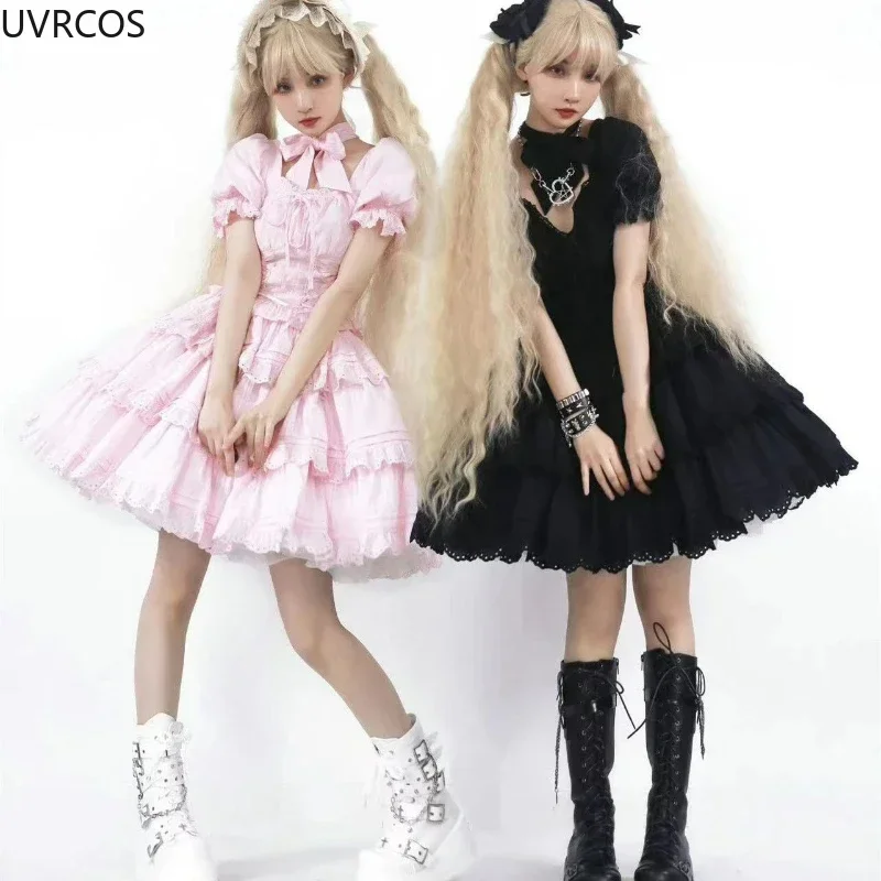 Rosa kawaii doce lolita vestido conjunto feminino vitoriano vintage fino bandagem colheita topos babados mini saia de fadas gótico y2k meninas terno