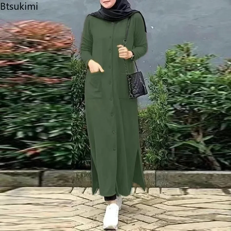 2025, Vintage-langes Kleid für Frauen, muslimisches Abaya, Hajib, langärmelig, O-Ausschnitt, Hemdkleid, Damen, lässiges Maxikleid, arabische bescheidene Robe