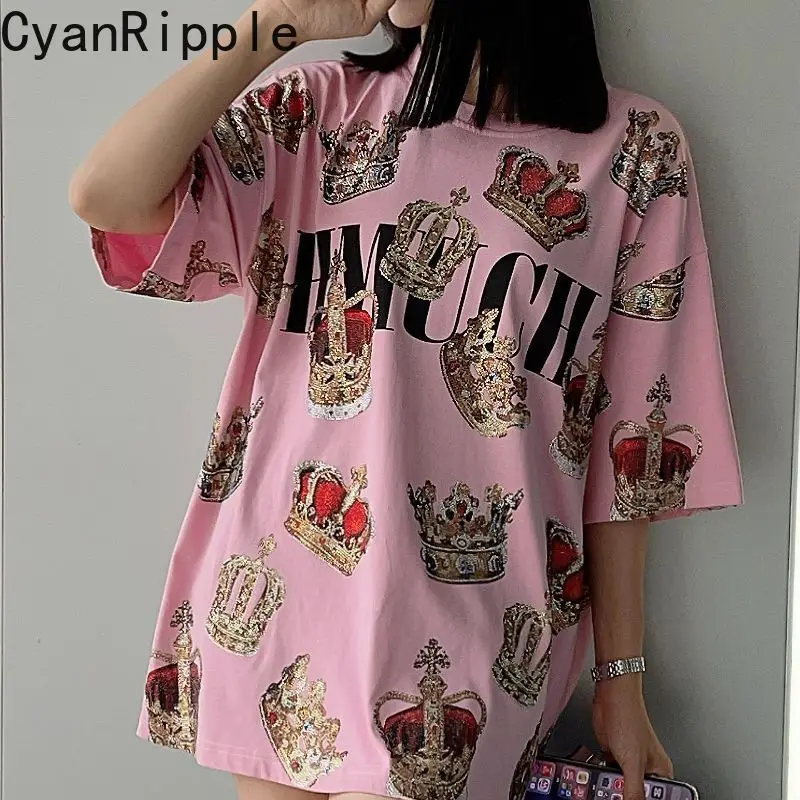 Fashion New Spring Summer Loose Short Sleeve T-shirt Luxury Crown Hot Diamonds Round Neck Pullover Top Oversize Pink Cotton Tees