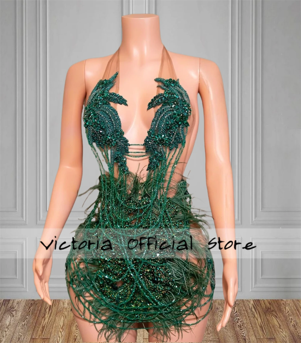 Amazing Green Tassel Crystal Mermaid Prom Dress Black Girls African See Thru Birthday Dress Luxury 2025 Sheer Mesh Customized