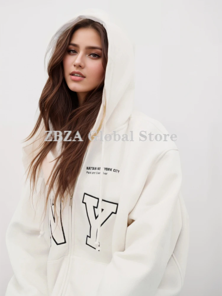 ZBZA Print Hooded Coat Sport Pant Set Elastic Cuffs Zip Pocket Loose Coat Elastic Waist Wide-leg Pant Fall Winter New Lady Suit