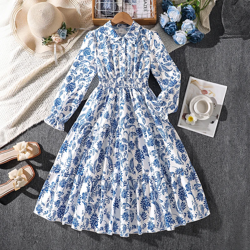

Girls 8‑12 casual spring autumn midi dress, vintage blue floral long sleeve tiered dress, lightweight for school outdoor wear