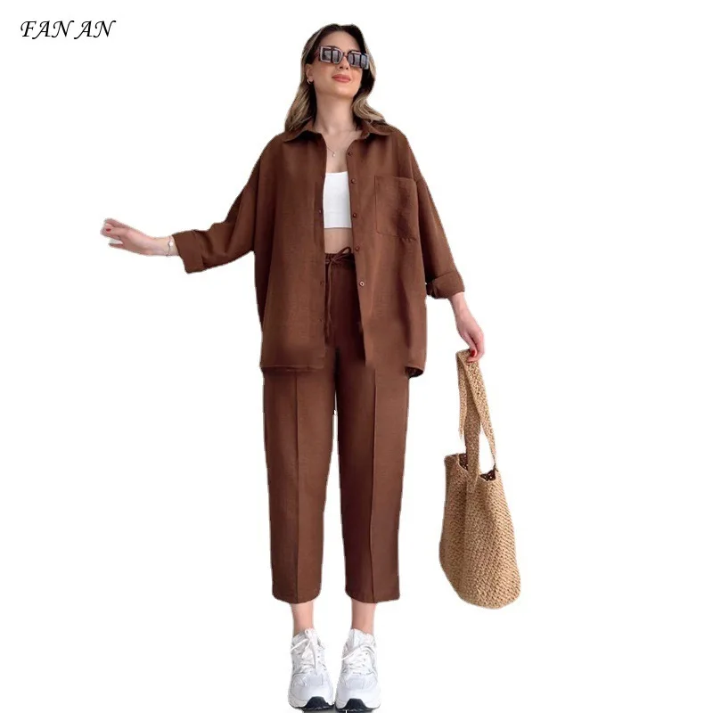 

New Women's Clothing 2024 Autumn New Casual Loose Shirt Coat Nine Points Sports Haren Pants Two-piece Women's Commuter Suit