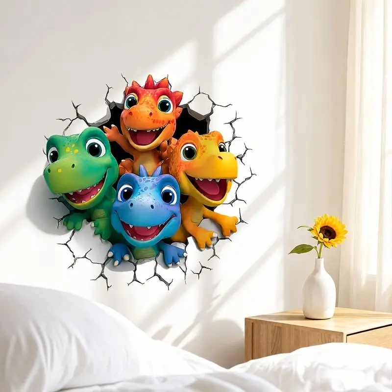 VIKAMA 3D Cartoon Dinosaurs Wall Sticker Breaking Wall Effect, Self-Adhesive Peel and Stick Decal for Kids Room Study