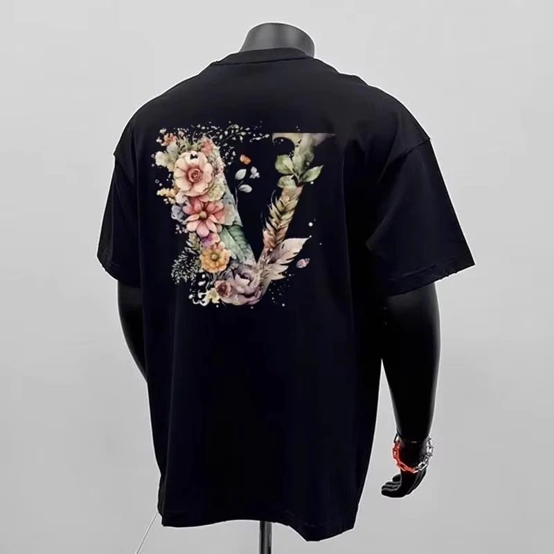 Summer Watercolor Floral Letter Print Luxurious Brand Letter T-shirt Cotton Men's Short-sleeved T-shirt 2026 Men's Clothing