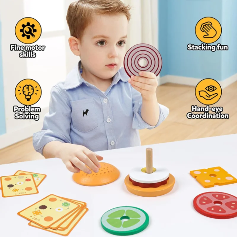 Set di panini per hamburger domestici simulati in legno per bambini con giocattolo per assemblaggio alimentare con puzzle circolare impilabile abbinato a colonna