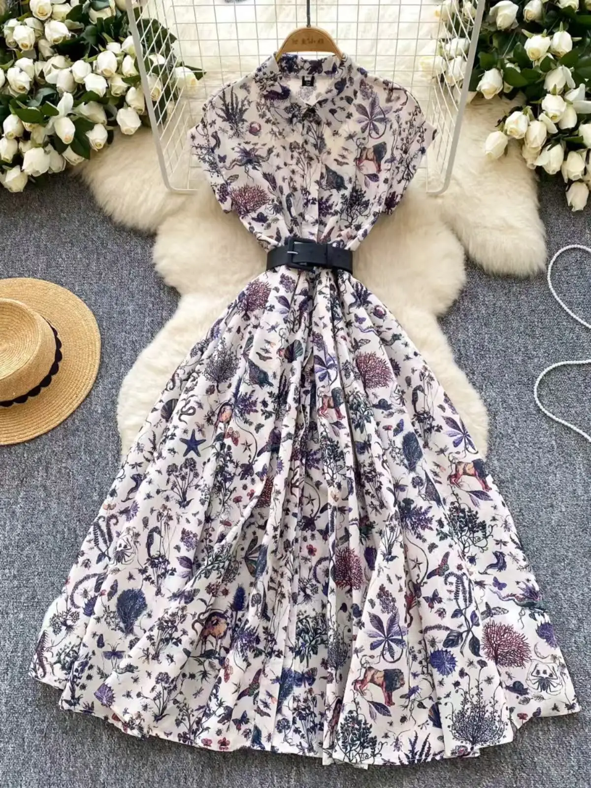 

French Fashion Elegant Dress For Women Summer Vintage Polo Neck Short Sleeve Slim Print Shirt Long Skirt Party Vest With Belt