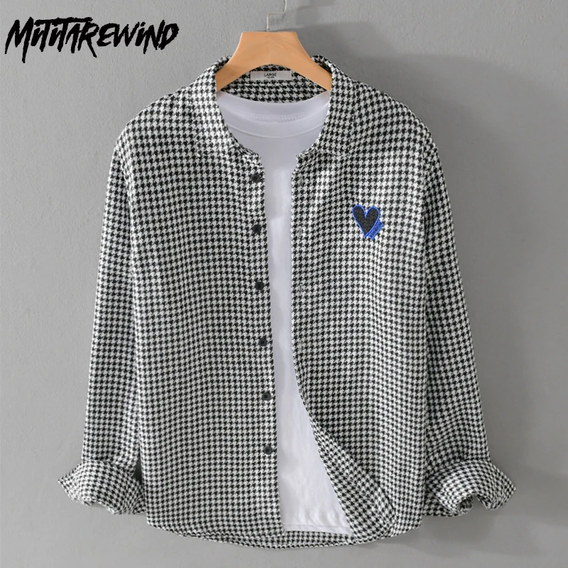 

Spring Autumn Houndstooth Long Sleeve Shirt Men Streetwear Causal Shirts Design Embroidery Personality Top Fashion New in Shirts