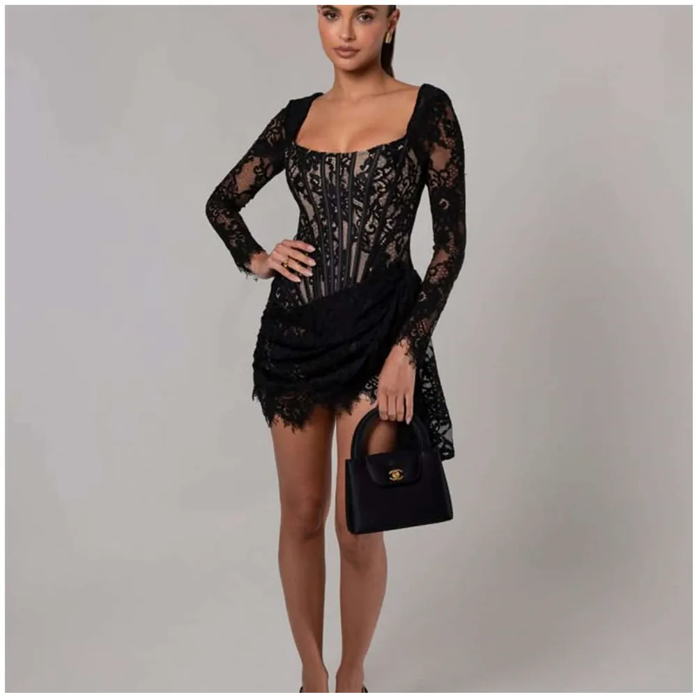 

Elegant Black Lace Long Sleeve Short Casual Wrap Bodycon Dress Fashionable Party Dress Attractive Cocktail Dress New Model