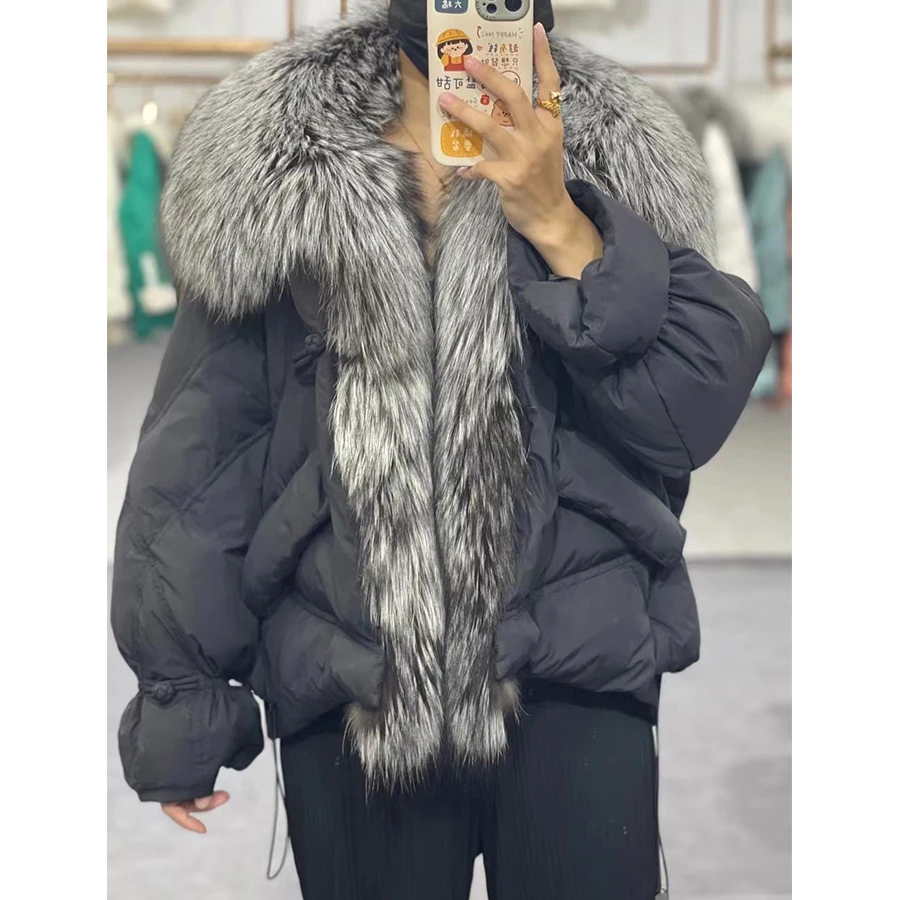 MENINA BONITA 2023 Fashion Real Fur Coat Women Goose Down Jacket Luxury Brand Natural Silver Fox Fur Collar Coat Warm Streetwear