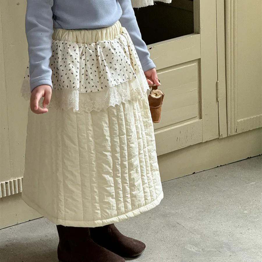 

Girls Half Length Skirt 2025 Winter New Korean Version High Waist Spliced Flower Bud Silk Edge Sweet and Cute Daily Versatile