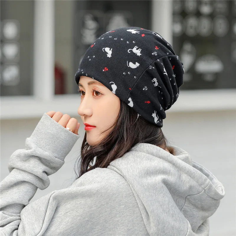 

Hat Women Beanie Headscarf Cartoon Cat Turban Hat Ear Protection Baggy Cap Headwrap Headgear Collar Neck Cover Ponytail Hat