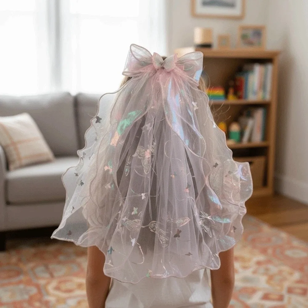 

Elegant White Veil Hair Clip Mesh Bow Girls Head Gauze Beads Polyester Colorful Flowing Tulle Birthday Headdress