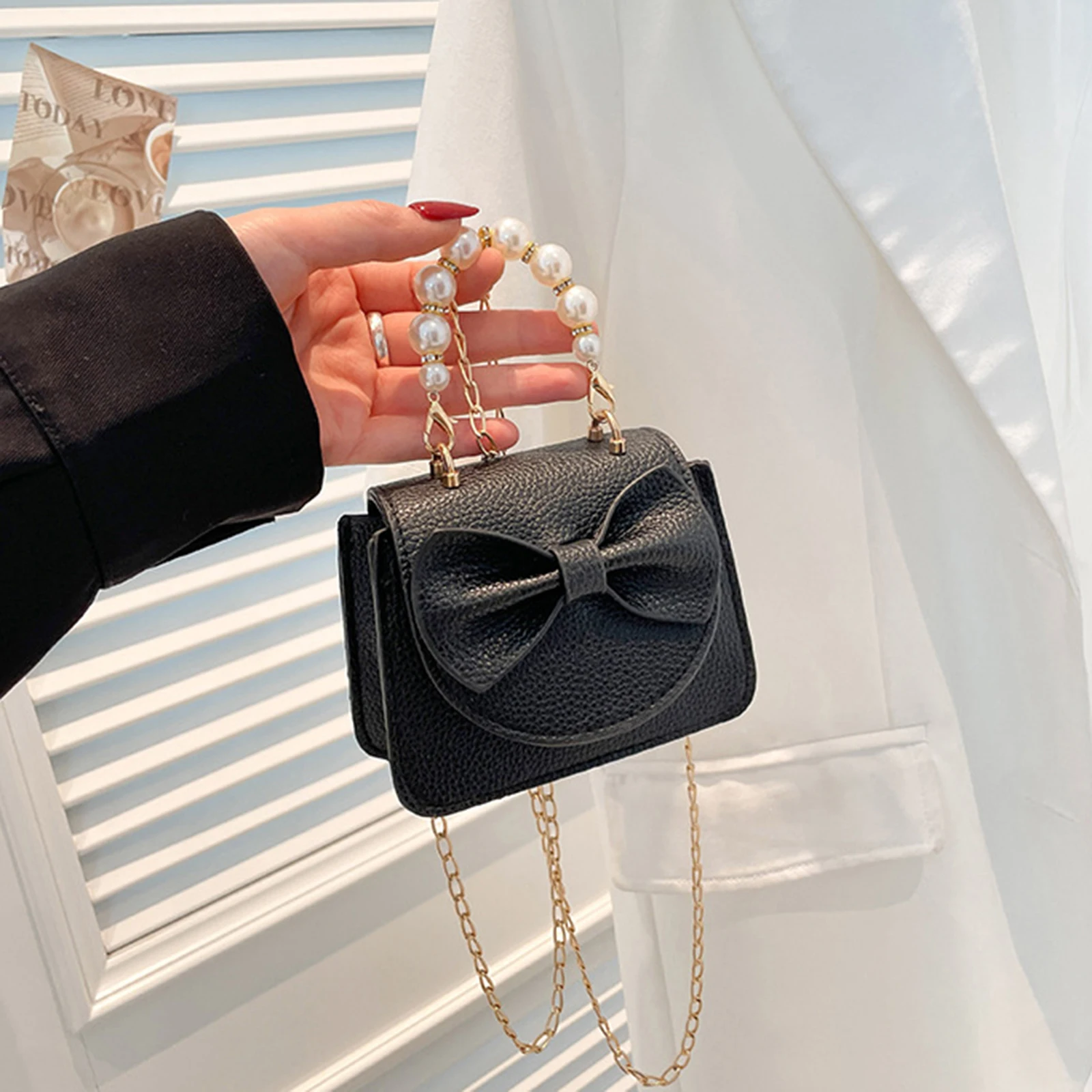 

Women Crossbody Bag Fashion Bow Pearl Decor Magnetic Snap Closure Handbag with Metal Chain Strap