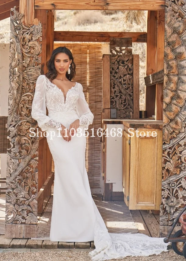 Vestido de novia largo de satén de manga larga, traje elegante de princesa con apliques de sirena personalizados, color blanco, 2024