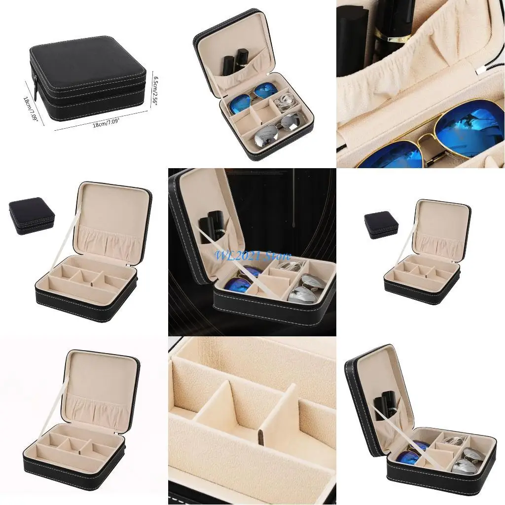 

G5GC Black PU Leather Multi-plaid Glasses Box Multi-functional Glasses Storage Cases Travel Glasses Zipper Bag for Women Men