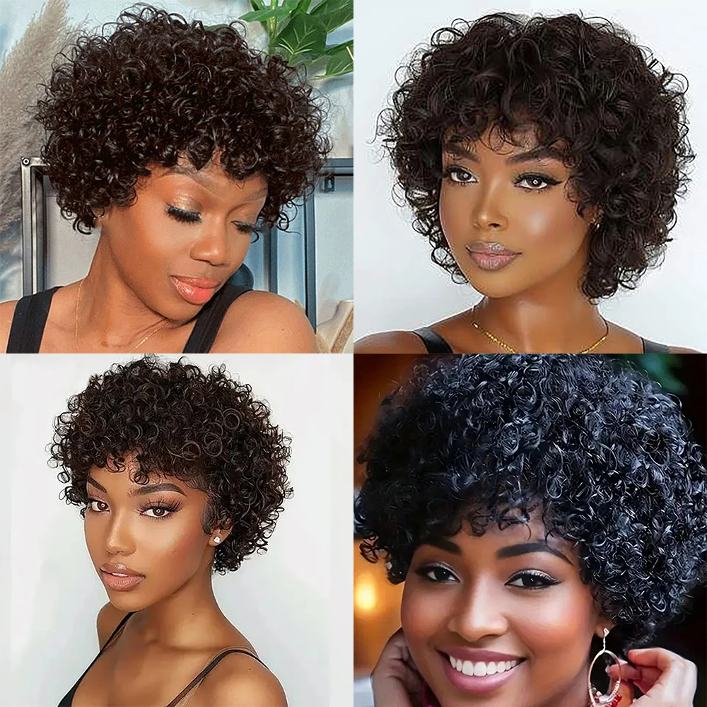 رطب ومموج قصير مجعد عابث قطع شعر مستعار البرازيلي خصلات الشعر المستعار الإنسان مع الانفجارات قبل قطعها للنساء آلة صنع جاهزة لارتداء #3