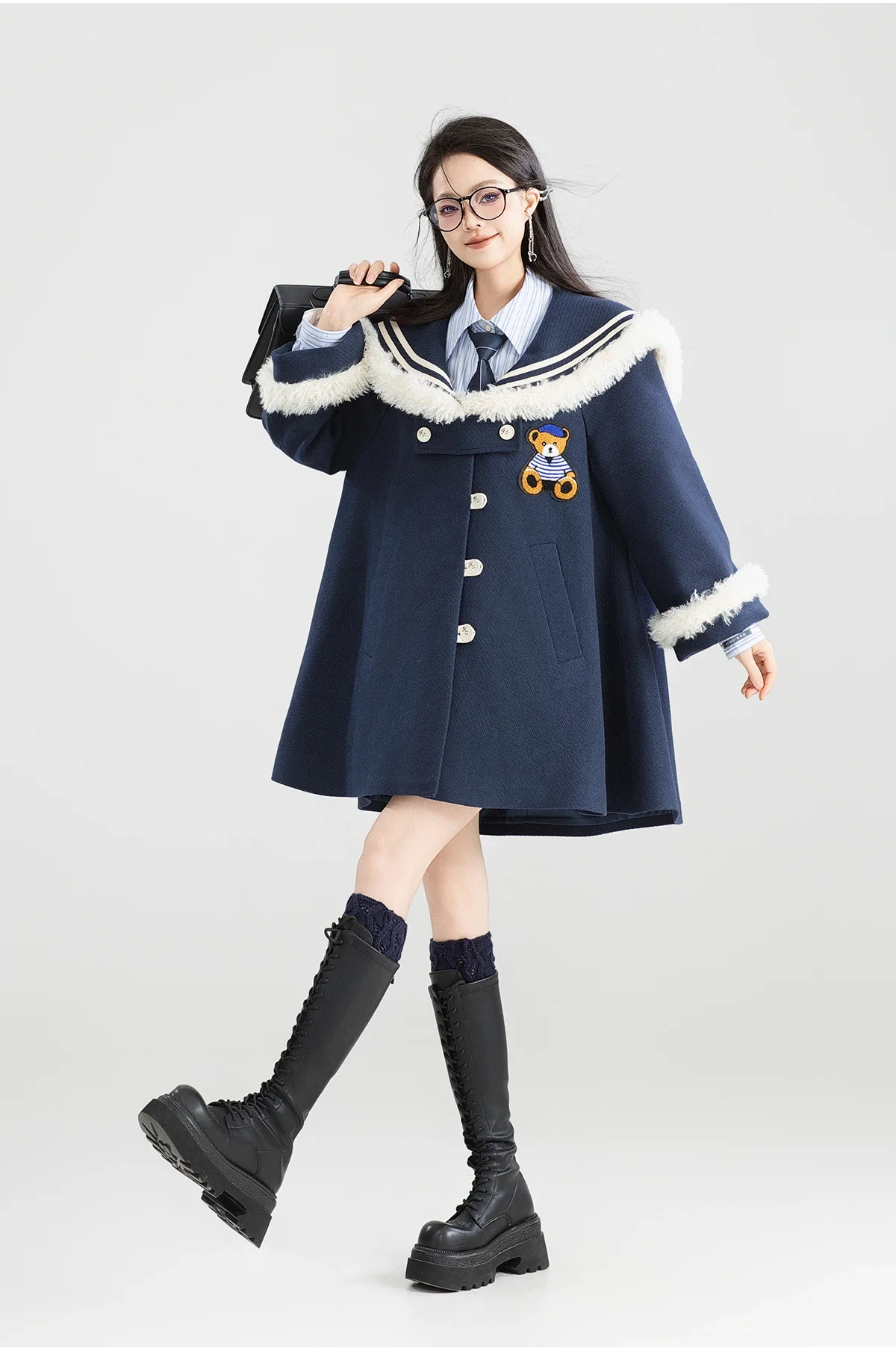 Japanische Süße Temperament Adrette Navy Kragen Plüsch Spleißen Woolen Mäntel Frauen Cape Lose Gerade A-line Winter Jacken