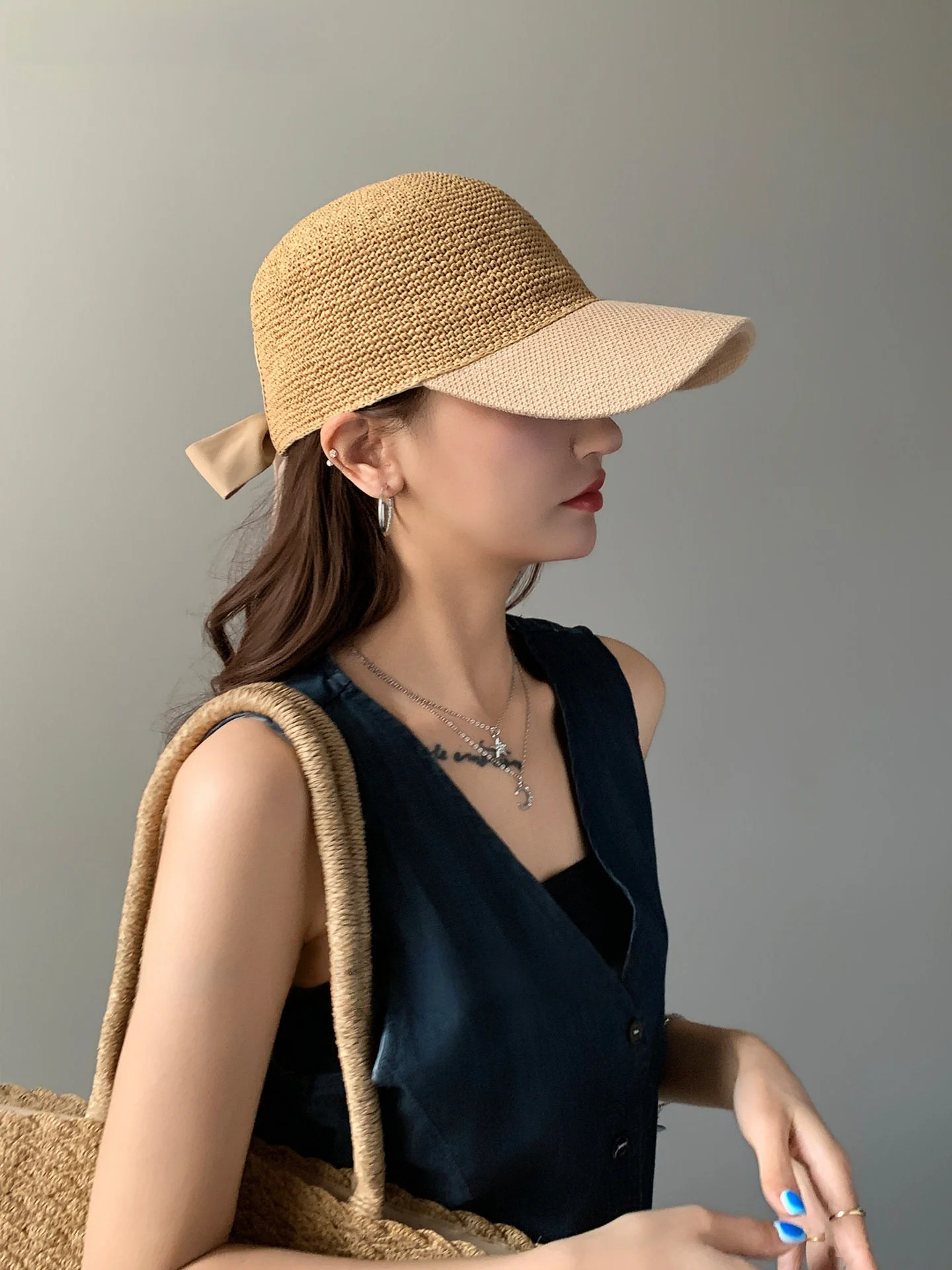 monstar-2026-new-color-block-straw-weaving-baseball-cap-women's-summer-breathable-sun-protection-wide-brim-hat-fashionable-ro