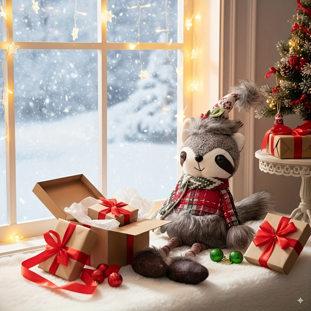 

Cute Raccoon Gift for Christmas Decor, Stocking Stuffer Fireplace Decor Cafe Instagrammable Prop Lucky Mascot,Party Centerpiece