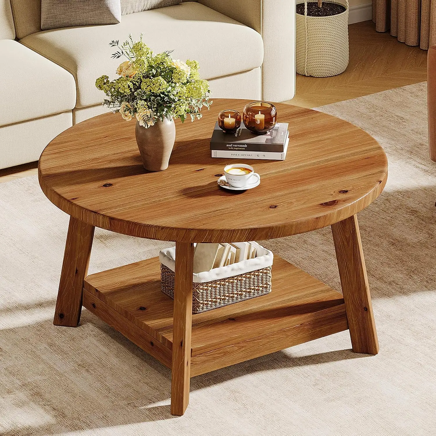 Solid Wood Round Coffee Table 2-Tier Circle Table Storage Shelf Tapered Legs Living Room Apartment Small Space, Customized