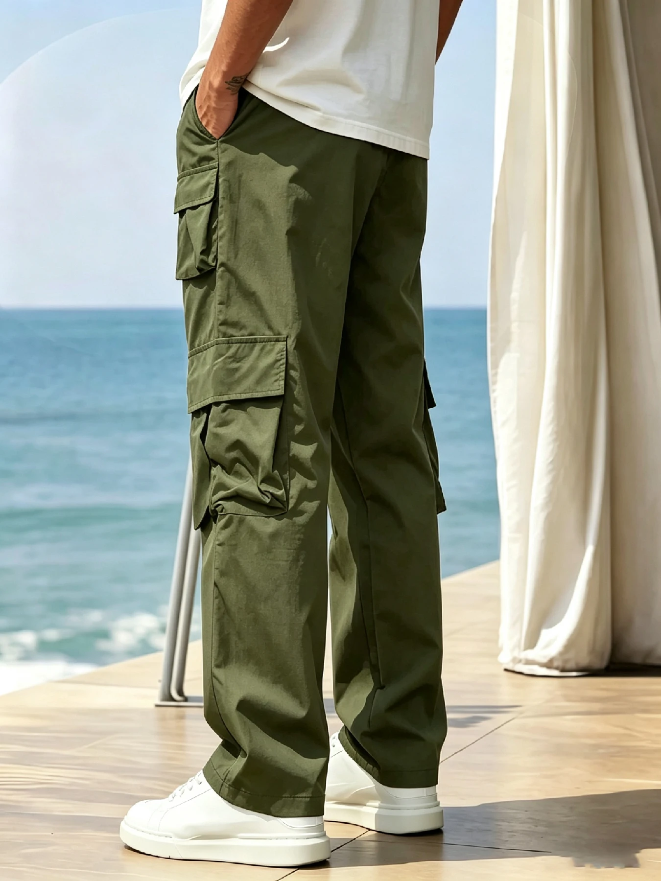 Herren Streetwear Multi-Taschen Gerade Geschnittene Cargohose, Funktionale Taschen, Locker Sitzend, Knitterfrei für Täglichen Streetstyle – Detail 4