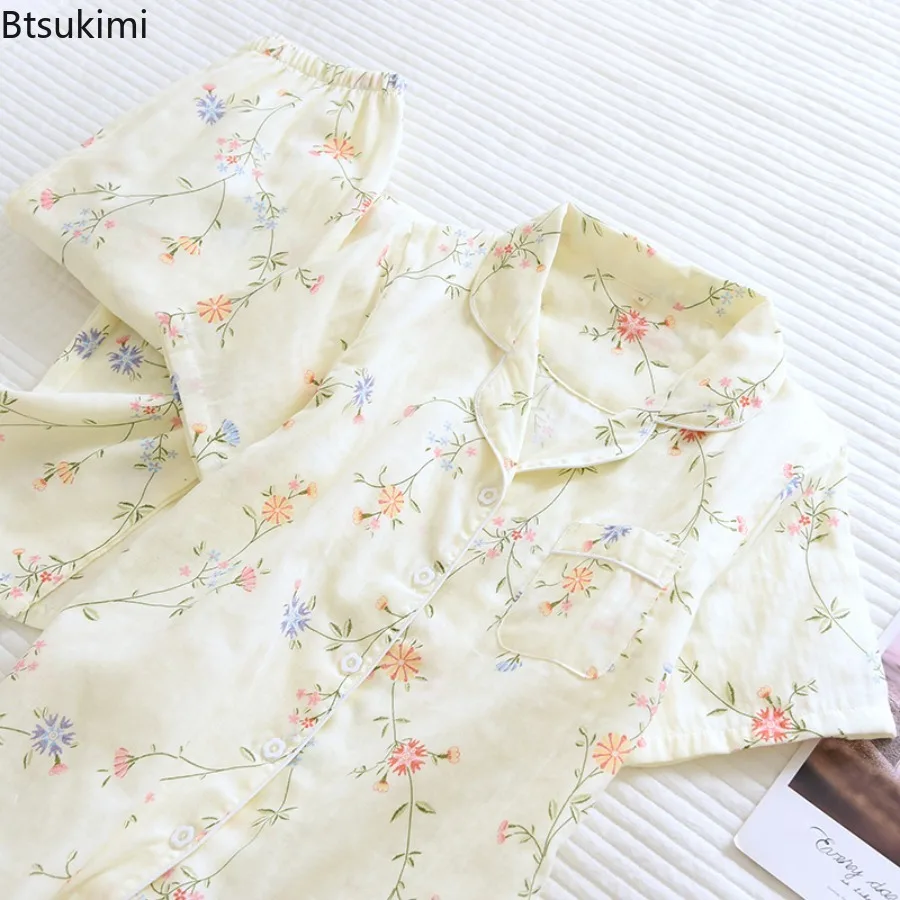 2025 Women's Summer Pajamas 100% Cotton Gauze Short Sleeve Trousers Pajamas Suit for Women Cute Print Pajamas Sets Home Female