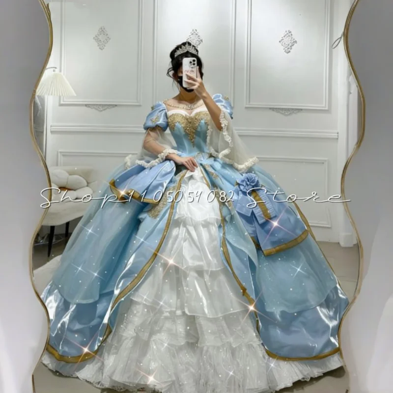 Luxury Medieval Blue Princess Quinceanera Dress V Neck Flared Sleeve Lace Embellished A Pleated Fifteen Adult Gown Customized