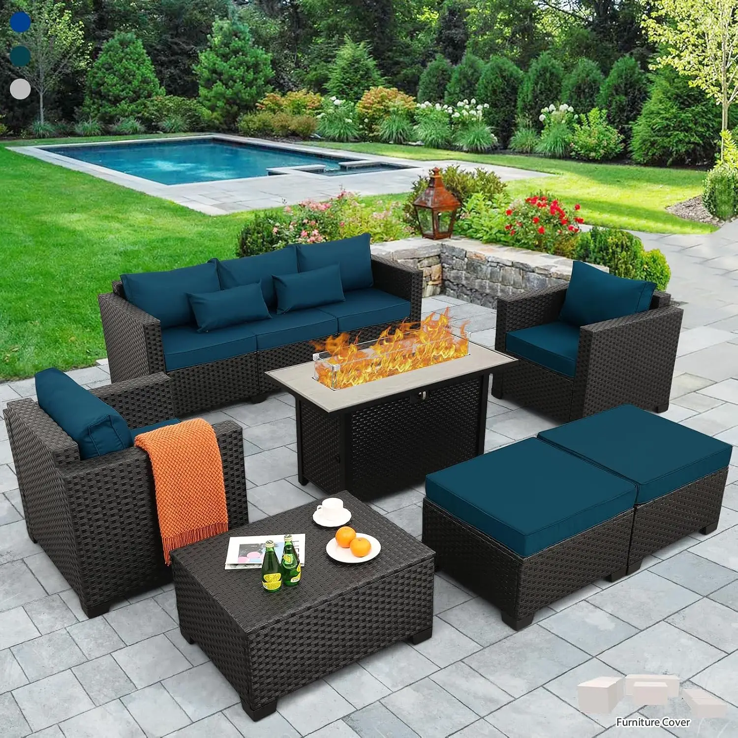 45 In 60000 BTU Propane Fire Pit Table & 7 Pieces Patio Sofa Set with Anti-slip Cushions & Waterproof Covers, Customized